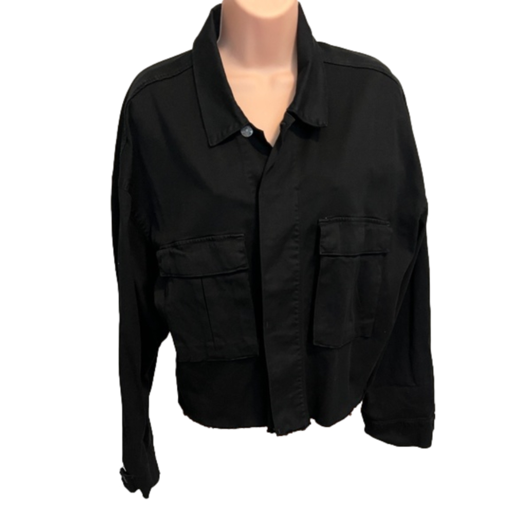 NWOT BOYISH Raw Edge Crop Denim Jacket, Sz LG, Black, Hipster, Fashionable